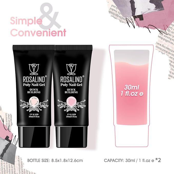ROSALIND Soft Pink&Pearl Pink Extension Gel, 2 PCS 30ml Poly Nail Gel kit Nail Builder for Nail Art,Thickening Poly Nail Gel Tube Need UV Lamp