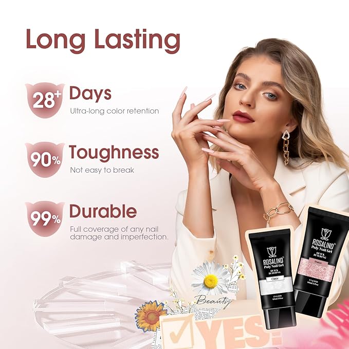 ROSALIND Clear Nude Pink Acrylic Poly Extension Gel, 2 PCS 60ml Clear Poly Nail Gel kit Nail Builder for Clear Nail Art Decoration, Nail Thickening Poly Nail Gel Tube Easy to DIY Use Need UV Lamp