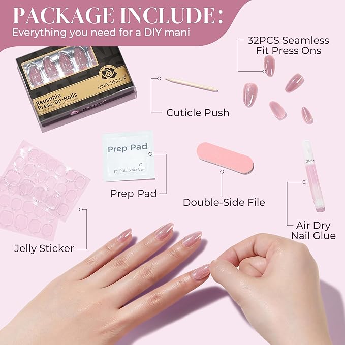 UNA GELLA Cat Eye Press On Nails: Almond Soft Gel Press Ons Short Kit with Nail Tips Glue on Nails, 16 Sizes - 32 Reusable Chrome Fake Nails Kit, Pink Rose