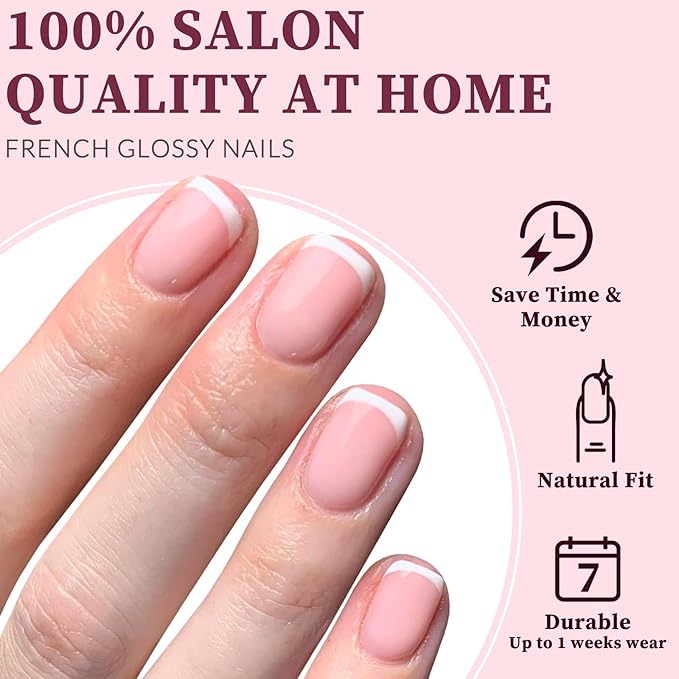 120PC White French Tip Press on Nails Short Fake Nails Press ons with 5*Adhesive Tabs, Pink Square Acrylic Nail Press on Nail French Tip Nails False Artificial Fingernails Stick on Nails-M