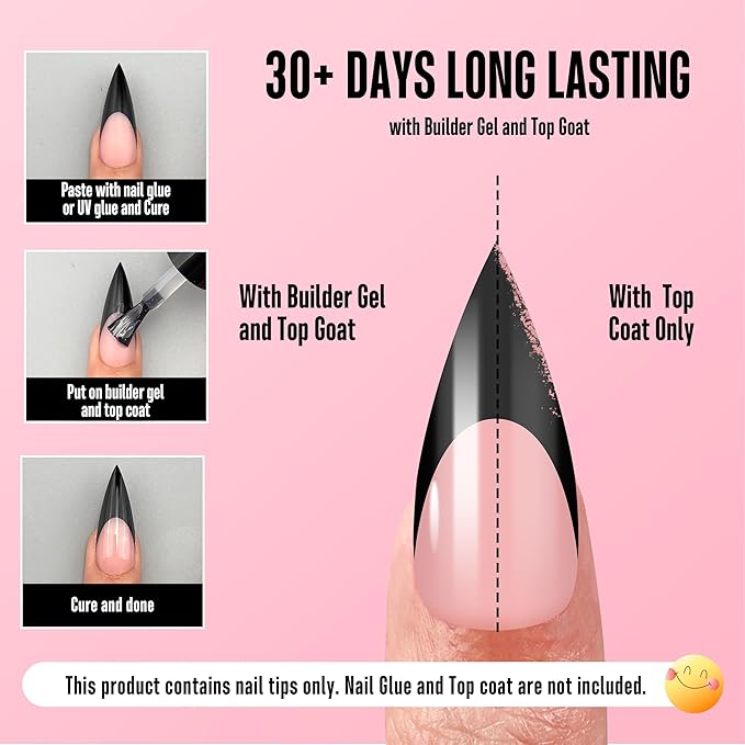NOVO OVO Black French Tip Sharp Stiletto Pointed Medium Long Nail Tips Press on Baby Pink, Soft Gel Fake Acrylic Extension, Full Cover False Nails for Salon DIY x 16 Sizes 160 pcs