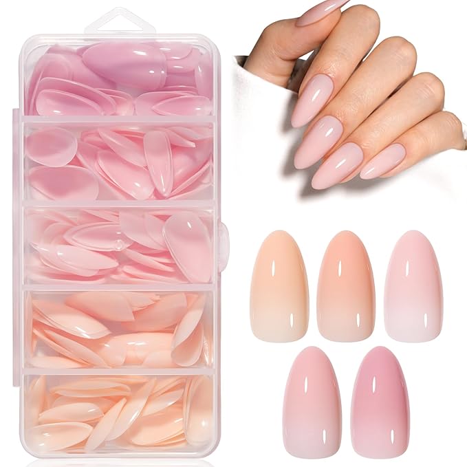 AILLSA RealFit Nude Pink Press On Nails Medium Almond - Pre-Shaped 4 in 1 False Nail Tips Set, Long Lasting Nail Extensions for Salon Home DIY Gifts 140 PCS