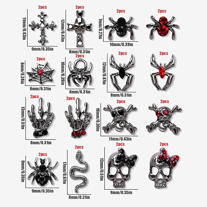 Halloween Nail Charms,32pcs Ghost Head Skull Hand Spider Web Nail Gems with Rhinestones,Retro Skeleton Spider Cross Gold Silver Alloy Nail Art Decorations for DIY Halloween Nail Design (Mixed C)