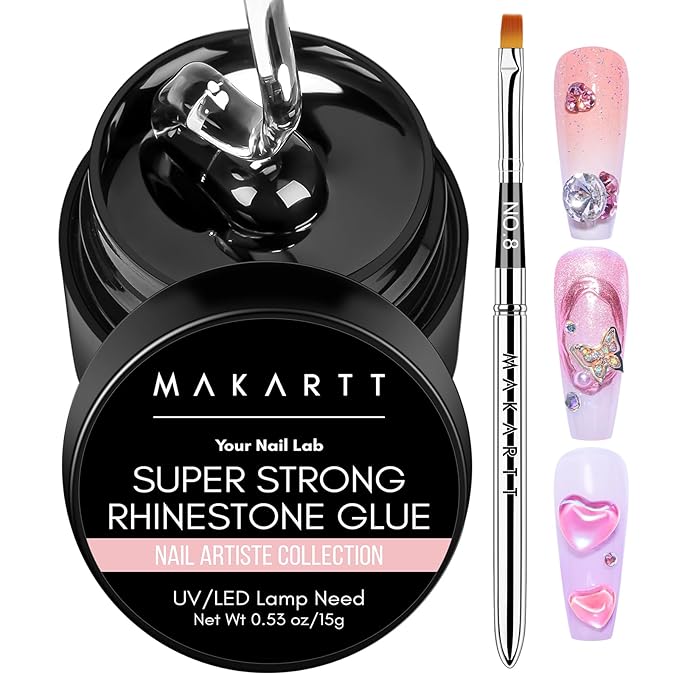 Makartt Rhinestone Glue for Nails, 15ml Clear Nail Gem Adhesive with Brush Kit for 3D DIY Decorations, Super Strong Bling Gel for Jewelry Diamonds