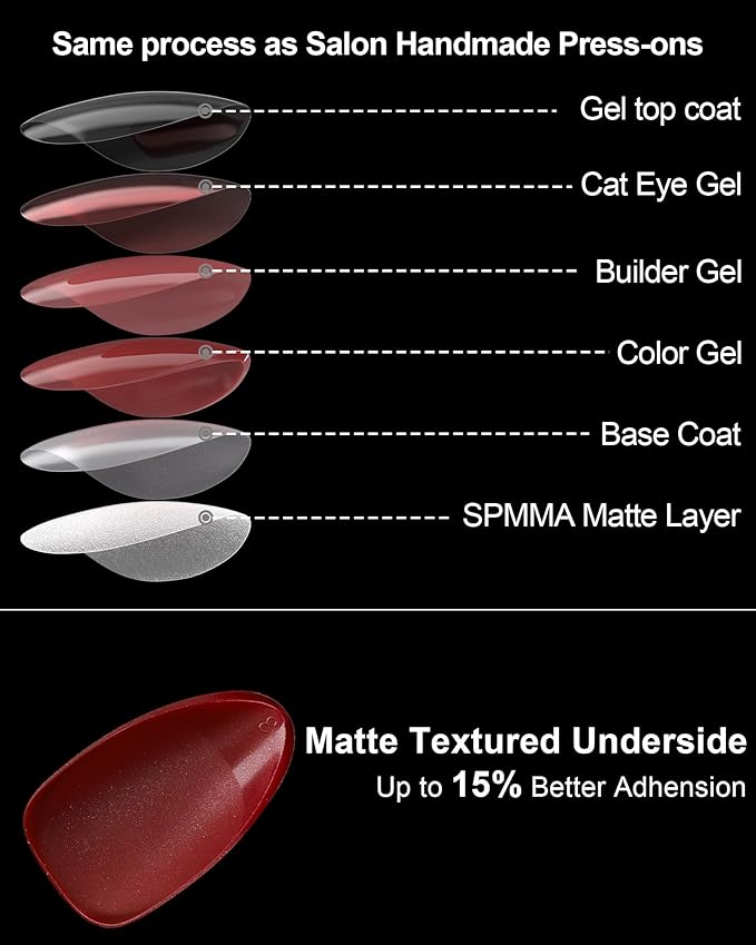 Burgundy Red Cat Eye Press on Almond Nails Short 16 Sizes Glass Glossy Gel Fake Manicure with Glue & Stick