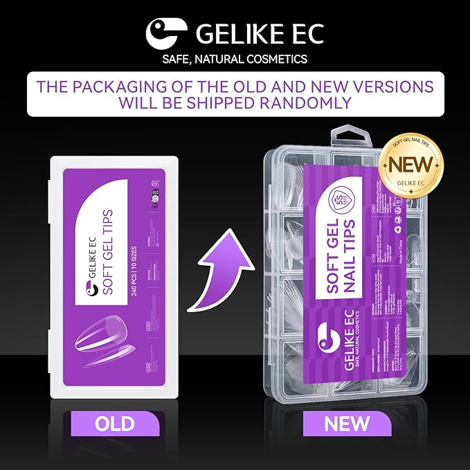 Gelike EC 240PCS Soft Gel Nail Tips Kit - Clear Cover Full Nail Extensions - Medium Almond Pre-Shaped Acrylic False Gelly Nail Tips 10 Sizes for DIY Salon Gift Nail Extensions