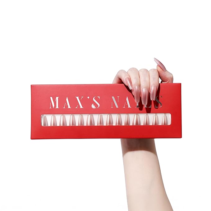 Max’s Chrome & Cat Eye Coffin Press-On Nails | 32-Piece Nail Kit including Both Adhesive Tab & Nail Glue (Shy Red Blush, All Size)