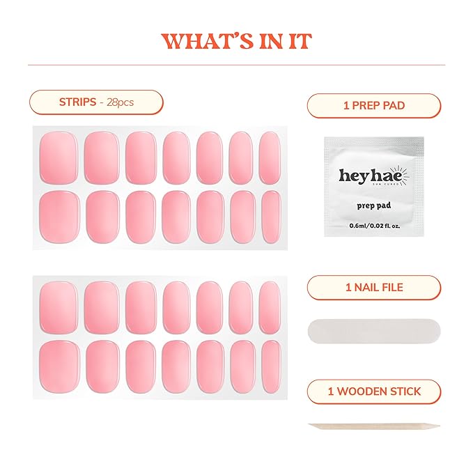 Heyhae Semi Cured Gel Nail Strips | No LED Lamp Needed | Solid, Pink, Spring | Easy Apply & Remove, Salon Quality | Includes 28 Strips, 1 Prep Pads, Nail File & Wooden stick - Hey, Strawberry Picking?