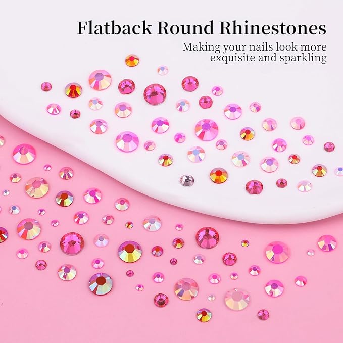 5 Boxes 12420pcs Sparkling Crystal Nail Rhinestones Kit, Flatback Multicolor Transparent Jelly AB Mermaid Gems with Pick Up Pen and Curved Tweezers for Manicure Salon & Craft DIY Designs (Pink)