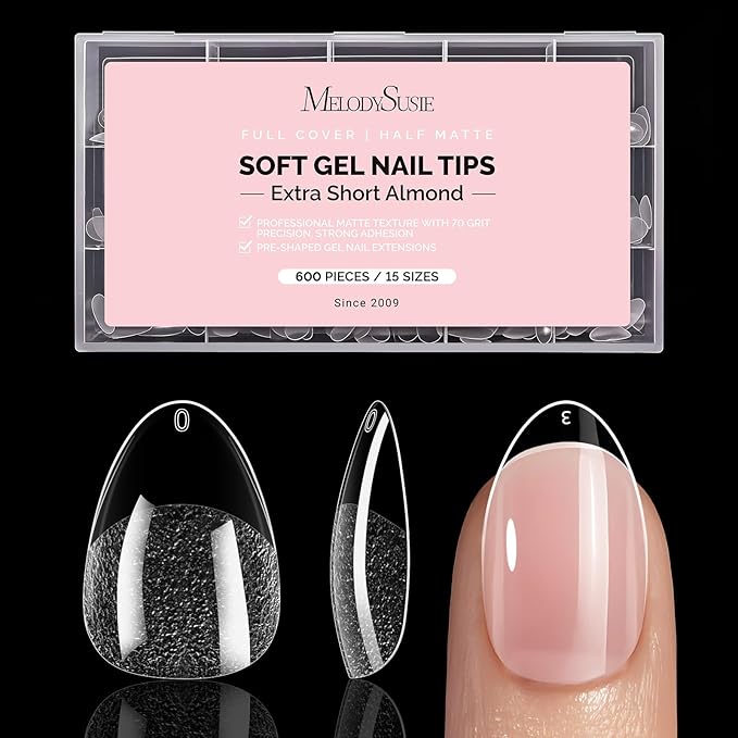 MelodySusie Extra Short Almond X Nail Tips - 600Pcs 15 Sizes Clear Acrylic,Half Matte Full Cover Press on Nails for DIY Extension & Salon Use, Pre-Shaped for Long-Lasting Manicure, Fall Winter Nails