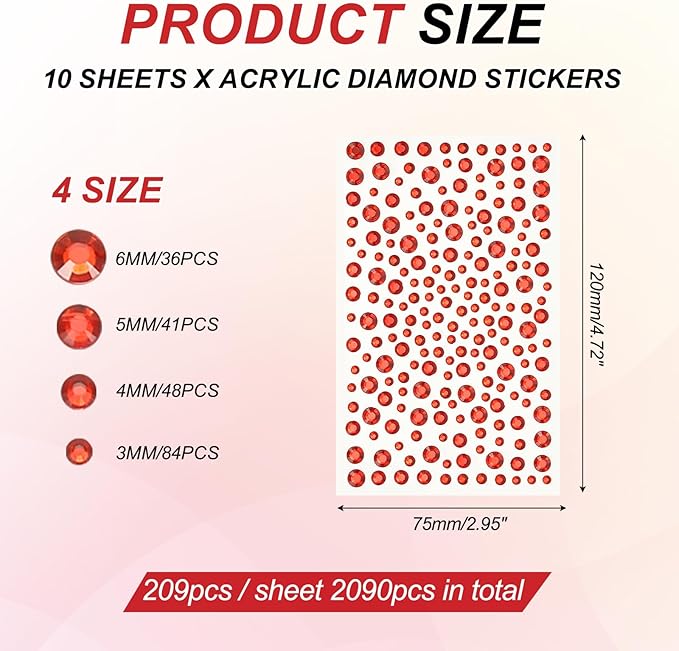 PATIKIL 2090 Pcs Acrylic Gem Sticker, 4 Size 3/4/5/6mm Self Adhesive Rhinestones Face Gem Stones Bling Jewelry for Nail Art Craft Clothes DIY Makeup Decoration Party, Red