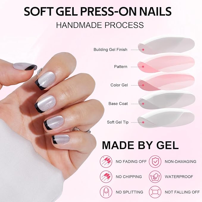 French Tip Press On Nails - Short Square Cat Eye Fake Nails with Nail Glue, Natural Fit Silver Stick On Nails in 16 Sizes - 32 Soft Gel Glue On Nails Kit, Silver