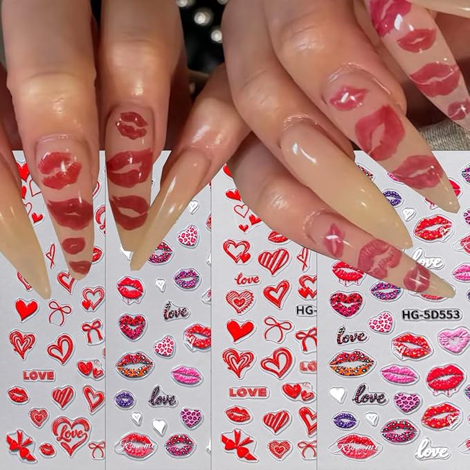 4Pcs Valentines Day Nail Stickers 5D Embossed Red Lips Heart Nail Art Stickers Leopard Print Lips Bow Love Designs Self-Adhesive Nails Art Supplies Holiday Nail Decals for Women Manicure Decorations