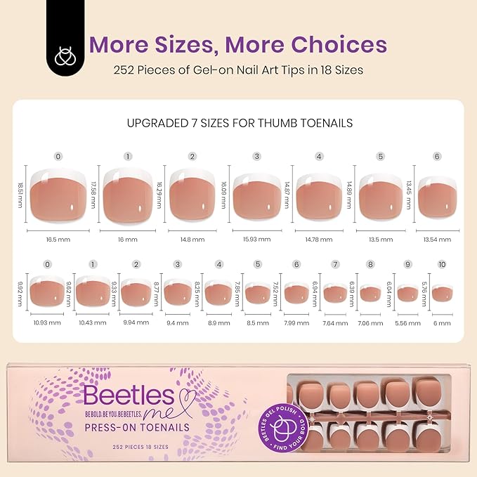 Beetles X Press Plus French Tip Toenails - Sable French | Brown Short Square Press On Toe Nails | 18 Sizes 252 Pcs Natural Salon Quality Gel Nail Tips