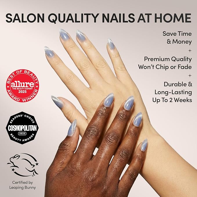 Glamnetic Press On Nails - Baby Blues | Short Almond, Pastel Blue Nails with a Mesmerizing Metallic Finish | 15 Sizes - 30 Nail Kit with Glue