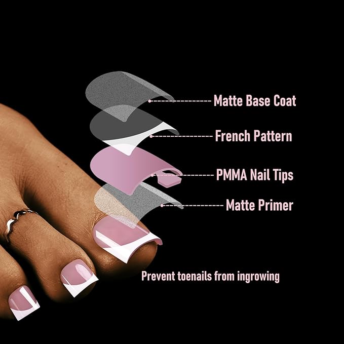 Toe Nail Press Ons, French Tips Toe Press On Nails, 150pcs Square Pre-Designed Soft Gel Thick False Toenail Extension, 5 Colors Full Cover Acrylic Nails for DIY 15 Sizes