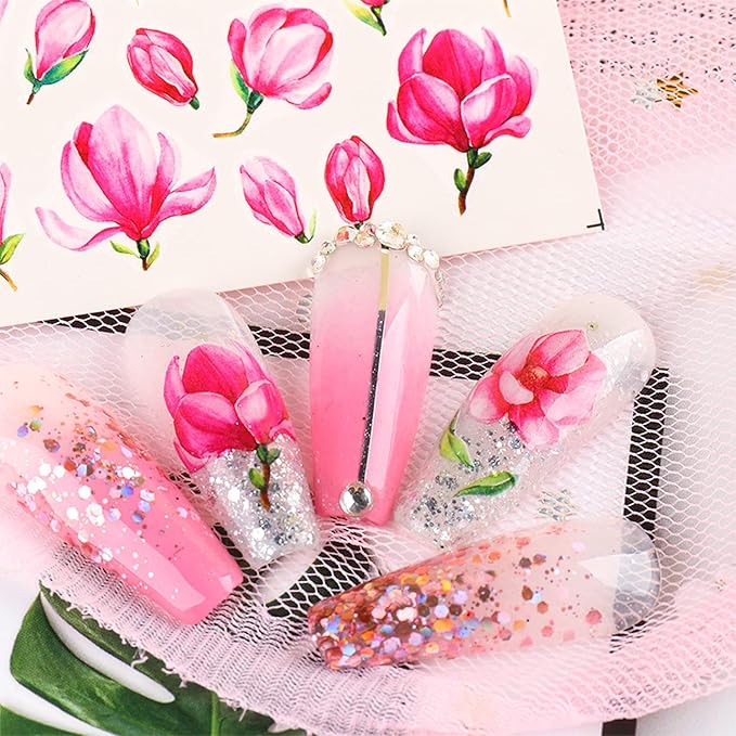 24 Sheets Flowers Nail Art Stickers, Water Transfer Decals Holographic Flower Butterfly Leaf Designs for Women Girls Manicure Charms Decoration