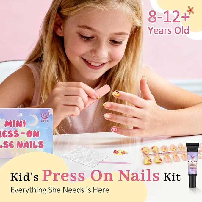 16 Sizes Press on Nails Kit for Kids - 32 Pieces French Almond Fake Nail Tips for Girls 8-12 Years Old with Jelly Nail Adhesives & No-Lamp Nail Glue, Birthday Easter Gifts (Happy Smile)