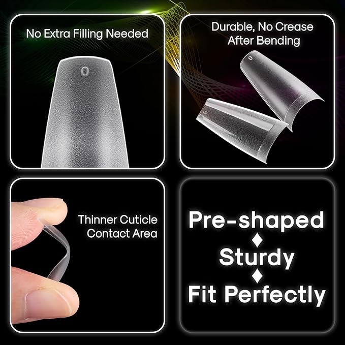 600PCS Upgrade Long Coffin Gel Nail Tips, INENK Natural Flat Matte Half Cover XL Coffin Cover Nails, Clear Press on Fake nails for Soak Off Nail Extension Tips at Home and Salon DIY(12 SIZE)