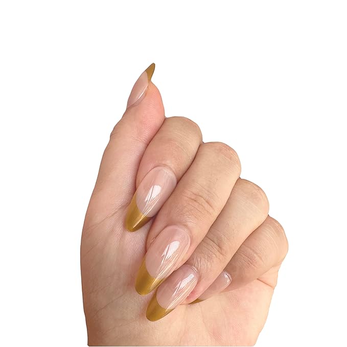 Gold French Press On Nails Almond Medium Length, Reusable 24 Piece Handmade False Nails with Wear Resistant Sealer
