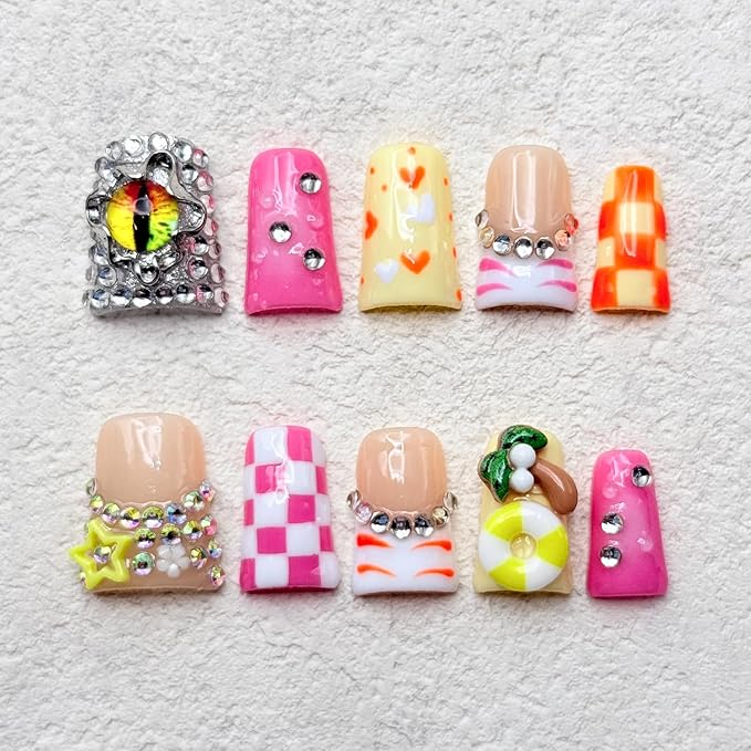 Handmade Short Duck Press on Nails Luxury Rhinestone Design Fake Nails Pink Grid False Nails with Glue,Muti-Layer Gel Thick Press ons Nail Eyes Charms Reusable Acrylic Nails for Women(Size S)