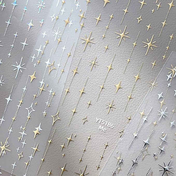 3 Sheets Star Nail Art Stickers 3D Self Adhesive White Silver Gold Nail Stickers Star Nail Decals with Design Glitter Nails Supplies for Women Girls DIY Manicure