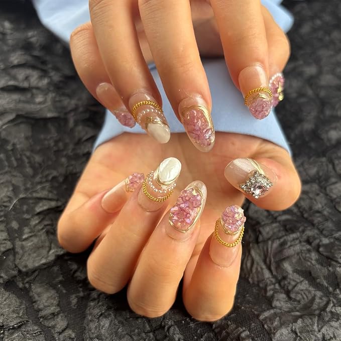 Handmade Press On Nails Medium Oval,Gold Chain&Pearl French Nail Tip,10Pcs Acrylic Fake Nails with Charm Design,Glue On Nail with 3D Rhinestone Stick On Woman Fingernails