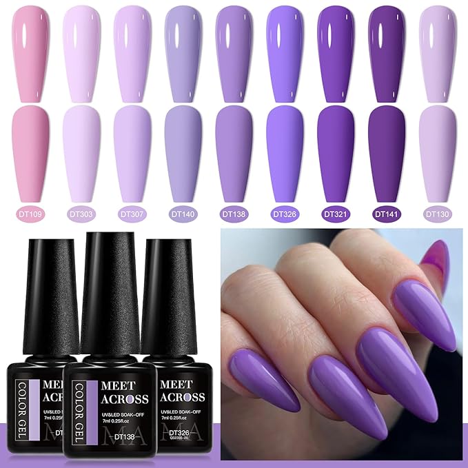 MEET ACROSS 12pcs Gel Nail Polish Set,Soak Off UV LED Lamp Gel Nail Polish Kit,Fashion Shimmer Nail Art Design Gifts for Women Manicure Salon (Purple)