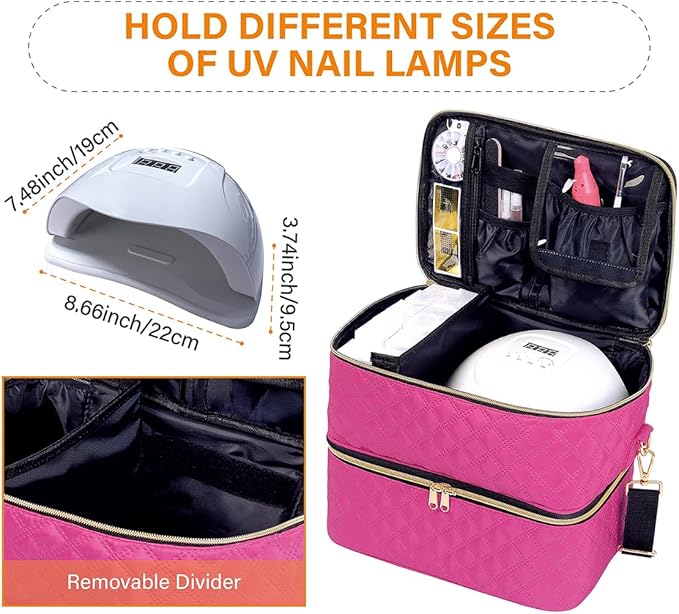 Nail Polish Organizer Case Holds 40 Bottles(15ml/0.5fl.oz) and Nail Lamp, Double Layer Nail Polish Storage with Adjustable Dividers,Portable Carrying Bag for Nail Kit, Manicure Tools Rose Red