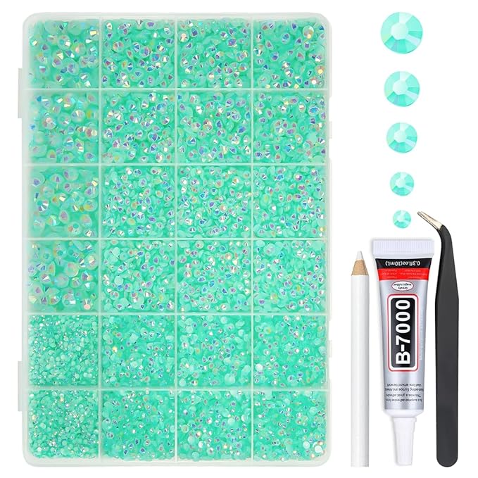 Aquamarine Green AB Resin Rhinestones w B7000 Jewelry Glue for Bedazzling Crafting 2mm-6mm Flatback Jelly Stones Diamonds Bedazzler Kit for Nails Face Eyes Makeup Tumblers Bottles Crafts Shoes