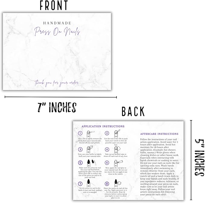 Handmade Acrylic Press On Nails Display Card | 5x7” 30 pk | w/Application Aftercare Instructions Inserts Marble for Packaging in Your 6 * 9 Holographic Bags Use With Double Sided Tape