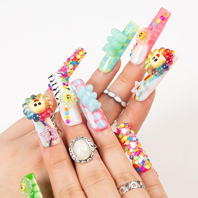 LOVFUL Press on Nails Lovkashi Flower | Handmade with Full Covered Crystals | Reusable Fake Nails | Square Mid length 1.7in | H65-L