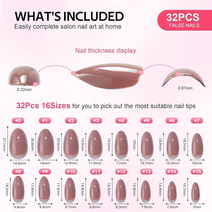 Press On Nails - Findigit Short Almond Cameo Brown False Stick Glue On Nails, Reusable Stick On Fake Nails with Glue Salon Quality,Natural Fit 16 Sizes - 32 Nail Kits, Coffee Cream