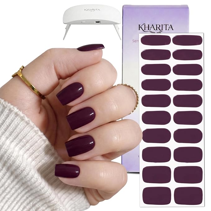 Semi Cured Gel Nail Strips – Real Gel Nail Polish Wraps for Brittle Nails | Long Lasting Easy Peel-Off Removal | Hema-Free | 20-Piece Solid Dark Purple Salon Sticker Kit with UV Lamps