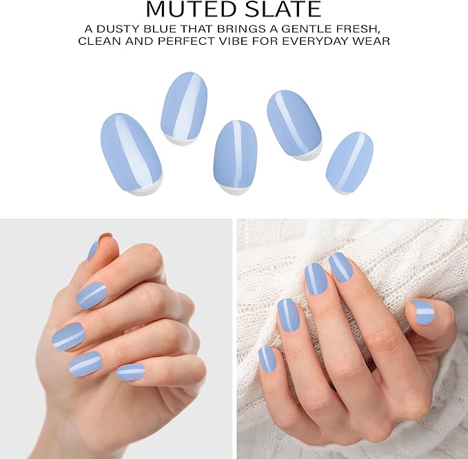 Semi-Cured Gel Nail Strips - 20 Salon-Quality Gel Sticker with UV Light Required, Long Lasting, Easy Application & Removal, Includes Prep Pad, Nail File, Wooden Stick – Muted Slate