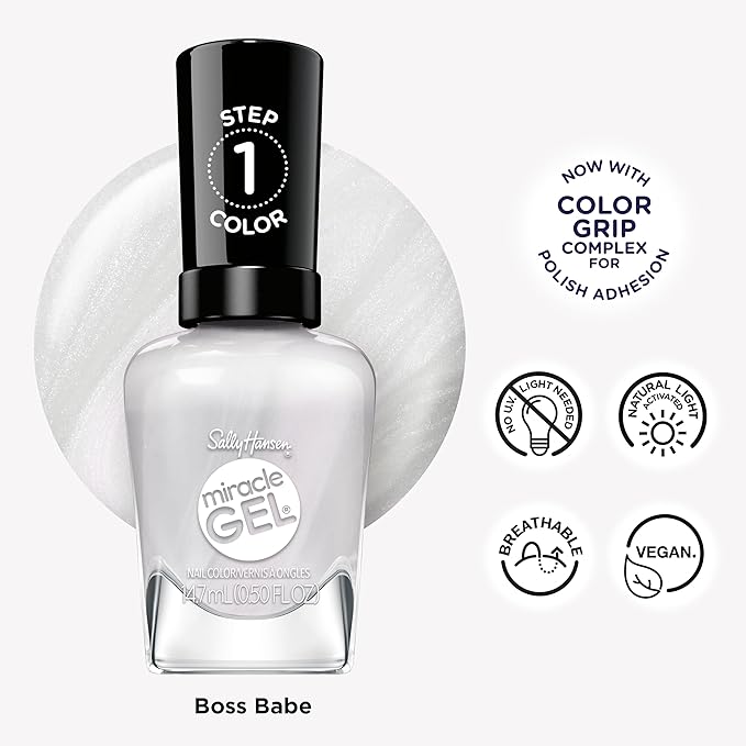 Sally Hansen Miracle Gel Supercharged Pinks Nail Polish | Salon Quality Gel-Like Formula, Two-Step System, No UV Light Needed, Long Lasting | 795 Boss Babe | Gray-Pearl Nail Color