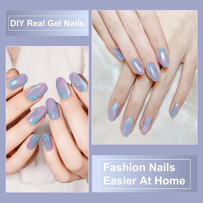 Semi Cured Gel Nail Strips,28 PCS Gel Nail Stickers Nails Wraps for Women (Colorful Aurora),Long Lasting Stickers with UV Light Required,Easy to Apply