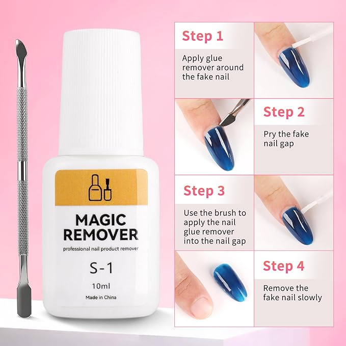 TADOPRO 28Pcs Nail Glue & Remover Set, 20Pcs Press on Nail Glue Strong 2Pcs 10ML Nail Glue Remover with 3 Cuticle Pusher 2 Nail File Easy to Apply Nail Tips & Acrylic Fake Nails Quick Drying Adhesive