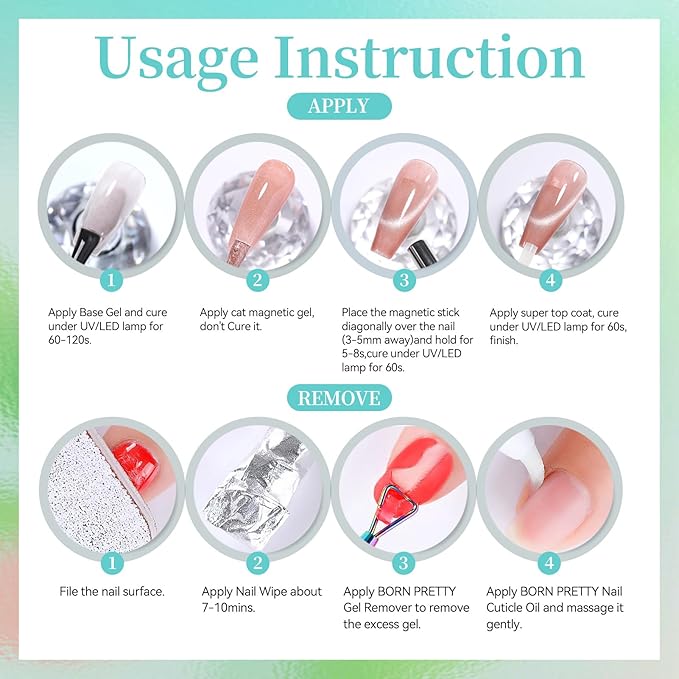 Born Pretty Spring Summer Cat Magnetic Eye Gel Nail Polish Set,6 Colors Shimmer Glitter Pink Green Purple Crystal Glass Magnetic Gel Polish, U V Gels for Nail Art Manicure DIY at Home 7ML
