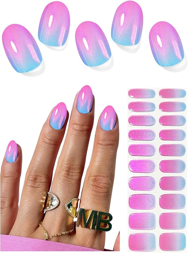 Semi Cured Gel Nail Strips, Glazed Pearch Ombre 20pcs Adhesive UV Sticker, Wraps for Home Manicure DIY