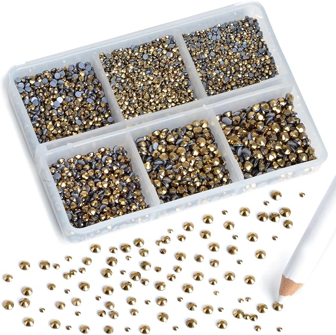 8000pcs Hotfix Rhinestones Flatback,Rhinestones for Crafts Clothes Mixed 6 Sizes, Hotfix Crystals with Wax Pencil Kit, SS3-SS12,Aurum