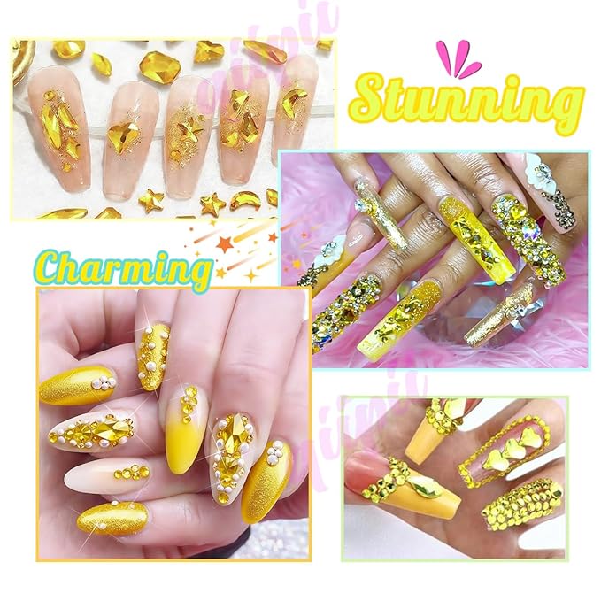 2052Pcs Golden Yellow Nail Rhinestones Kit 72 Multi Shapes Crystal Flatback Lemon Yellow Big Gems Round Beads K9 Glass Stones Diamonds jewels Charms for Nails Faces Eyes Makeup Tumblers Bottles