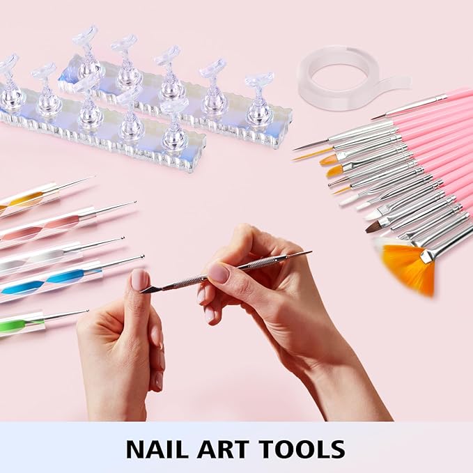 Nail Art Tools, Nail Holder for Painting Nails, 15 PCS Nail Art Brushes, 5 PCS Nail Dotting Tool, Nail Stand for Home DIY & Salon Nail Art Design