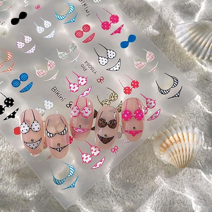 3 Sheets Swimsuit Series Nail Stickers Embossed Nail Art Stickers Summer Nail Decals with Swimming Ring Ice Cream Designs Cute Nail Art Sticker DIY Self-Adhesive Supplies for Women Girls