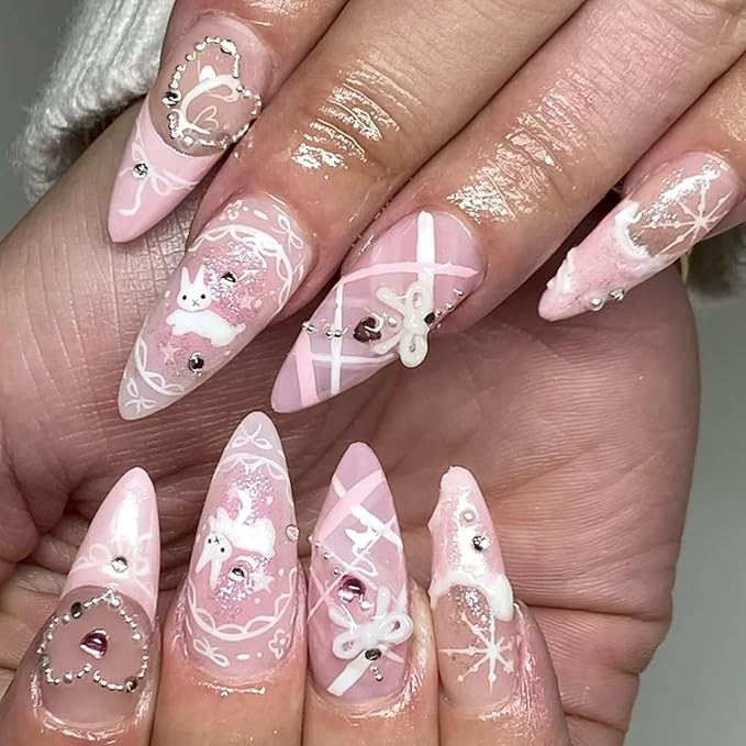 Pink Press on Nails Long Almond Cute Rabbit Bow Heart Rhinestones Fake Nails Press ons Pink French Tip Pearls Glitter Handmade Glue on Nail Acrylic Glossy Stick on Nail for Women Girls 24 Pcs