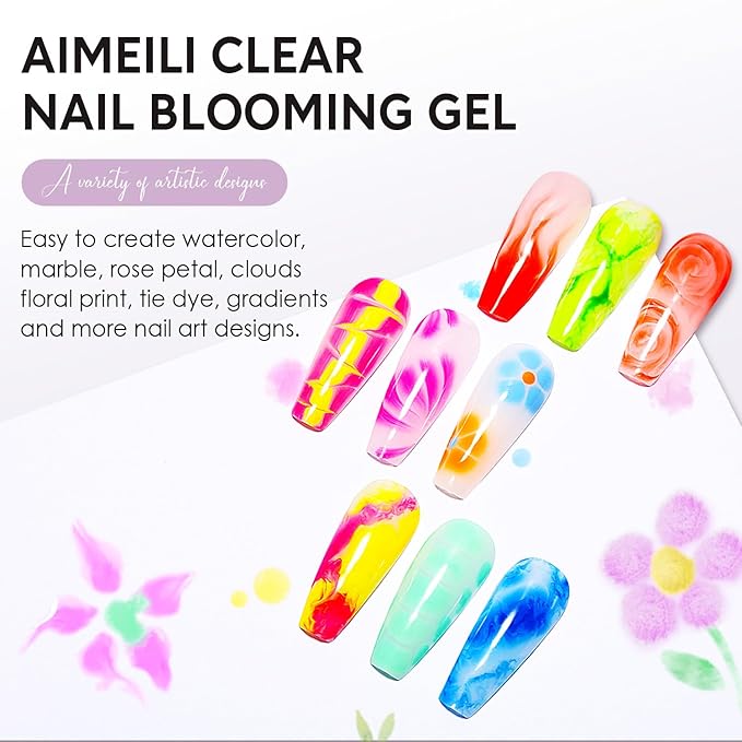 AIMEILI Nail Blooming Gel Base Coat Top Coat Kit 3pcs, Hema Free, Cruelty Free, Vegan, High Gloss Gel Nail Polish Long Lasting Spreading Marble
