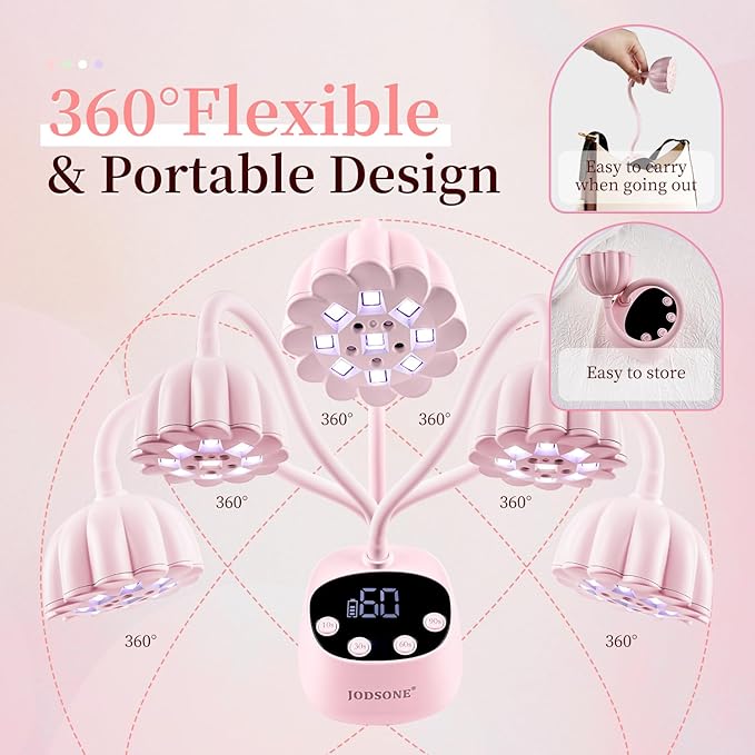 JODSONE Fast Curing U V Nail Lamp - Portable and Flexible Gooseneck Lamp with 360° Adjustable Design, Rechargeable LED Dryer for Gel Polish, Auto Sensor & 4 Timers, Home DIY Manicure Light Rose Pink