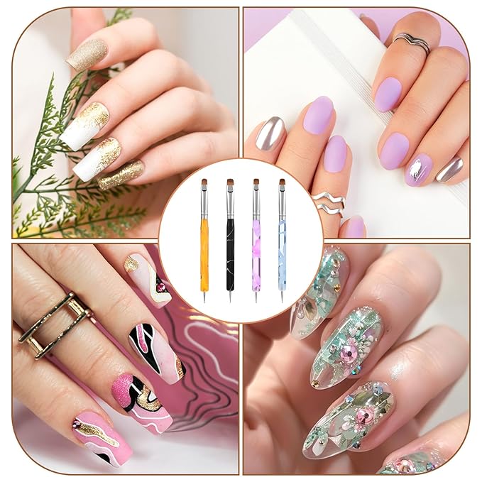 4 PCS Nail Art Brushes Set, Multifunctional Nail Brushes for Nails Art Design Brush Gel Nails Brush, Dotting Pens Professional Tools for Drawing Painting 3D Design Salon & DIY Christmas Gift