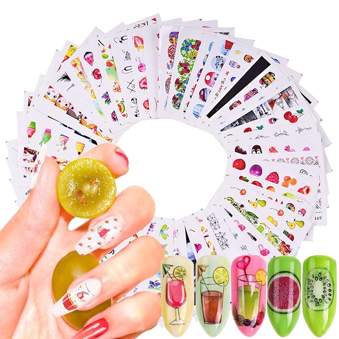 40 Sheets Fruits Nail Art Stickers, Holographic Water Transfer Nail Decals Design, Cake Fruit Ice Cream Nail Sticker Supplies for Women Girls Manicure Tips Charms Decoration Cute Acrylic Nails Decal