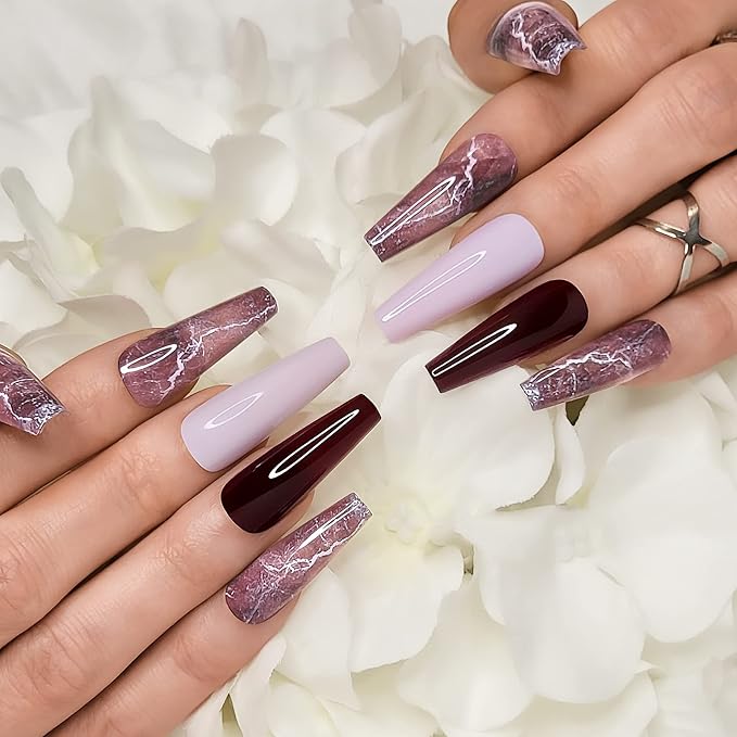 Hypnaughty 24 Pcs Bordeaux Marble Extra Long Coffin Press On Nails and Glue with Light Pink and Solid Bordeaux Reusable XL False Nails (Bordeaux Marble)